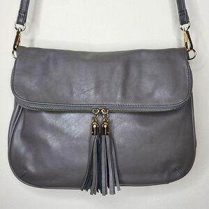Grey & Gold Vegan Leather Front-Flap Fringe Zip Crossbody Purse